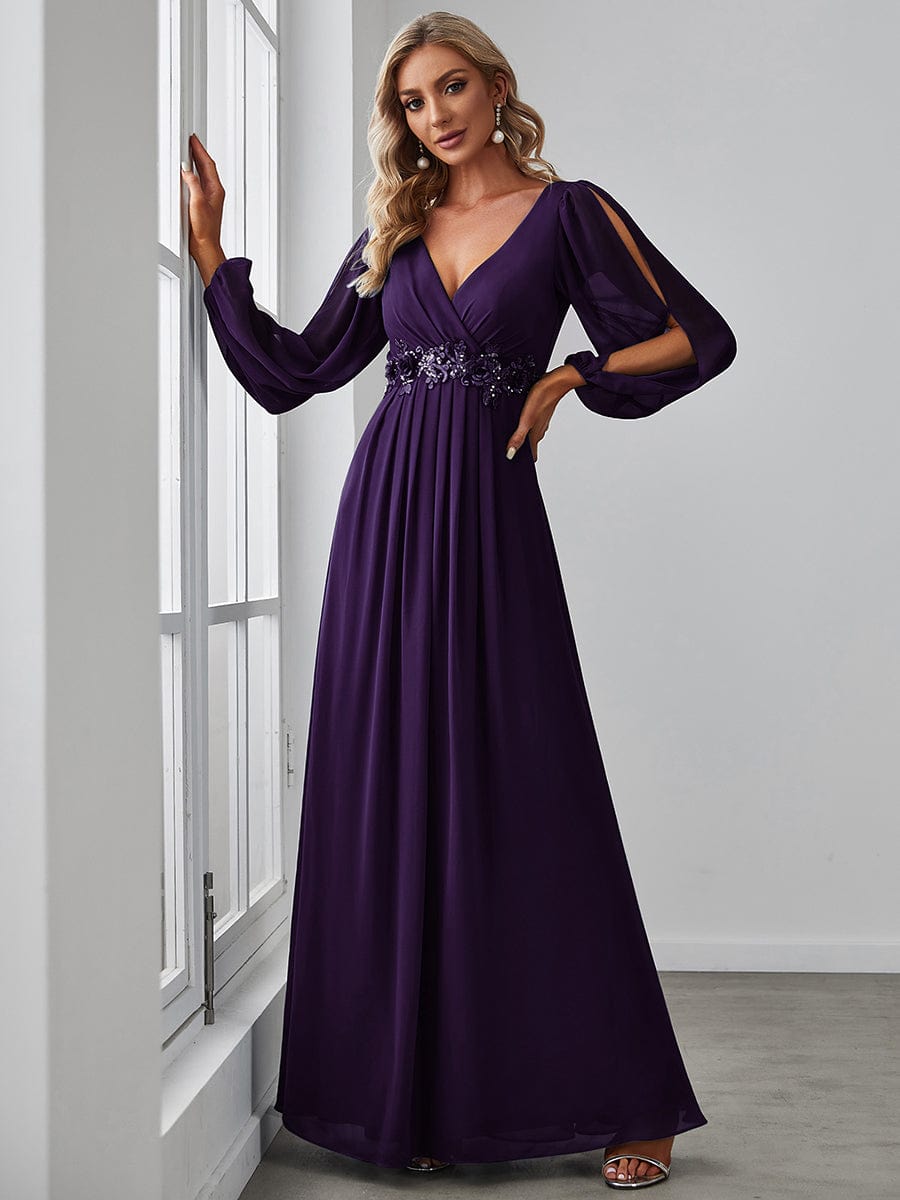 Lantern Long Slit Sleeve Deep V Applique Maxi Evening Dress #color_Dark Purple