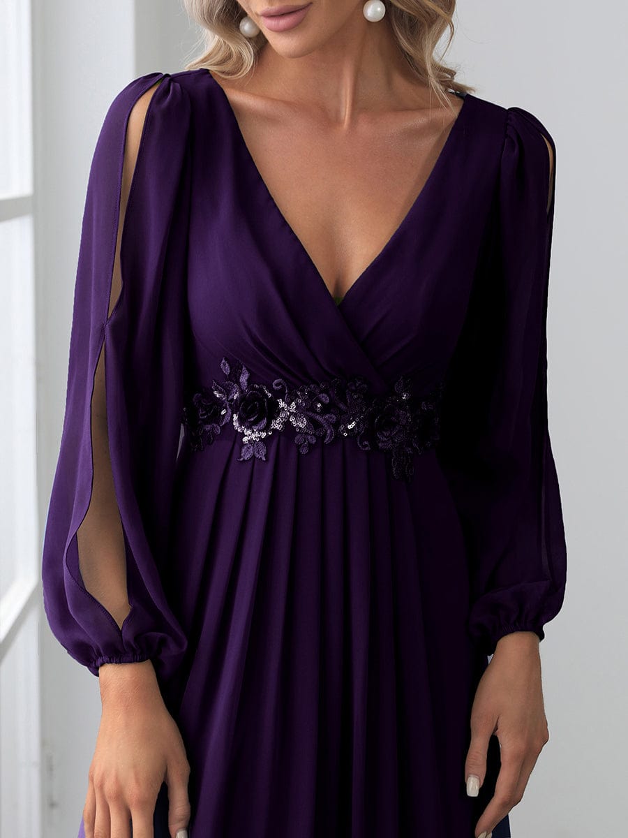 Lantern Long Slit Sleeve Deep V Applique Maxi Evening Dress #color_Dark Purple