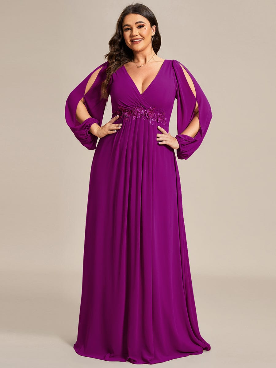 Custom Size Lantern Long Slit Sleeve Deep V Applique Maxi Evening Dress #color_Fuchsia