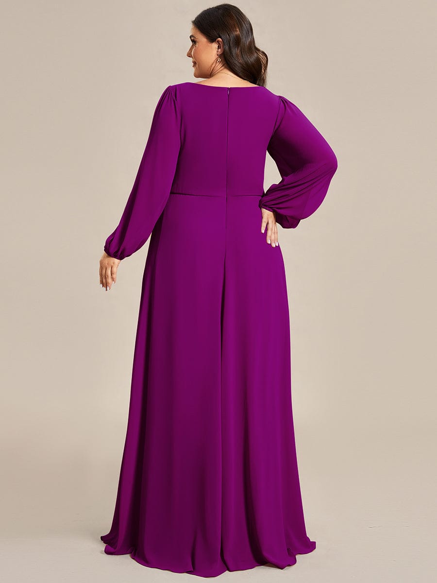 Custom Size Lantern Long Slit Sleeve Deep V Applique Maxi Evening Dress #color_Fuchsia