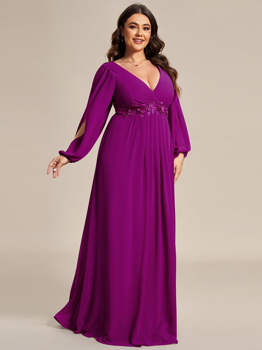 Custom Size Lantern Long Slit Sleeve Deep V Applique Maxi Evening Dress #color_Fuchsia