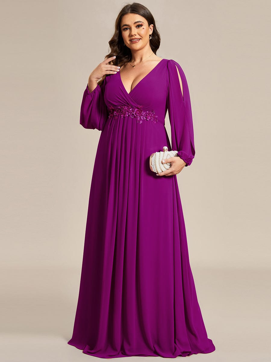 Custom Size Lantern Long Slit Sleeve Deep V Applique Maxi Evening Dress #color_Fuchsia