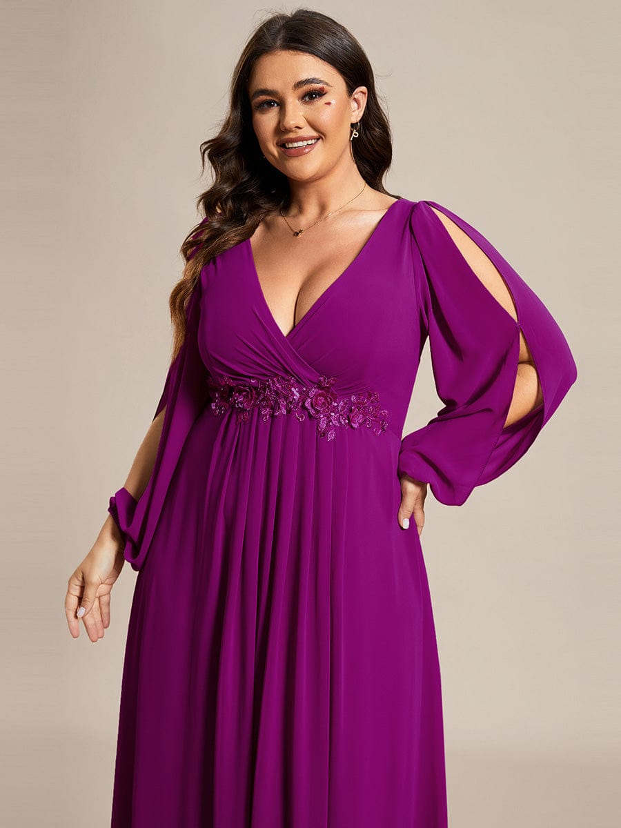 Custom Size Lantern Long Slit Sleeve Deep V Applique Maxi Evening Dress #color_Fuchsia