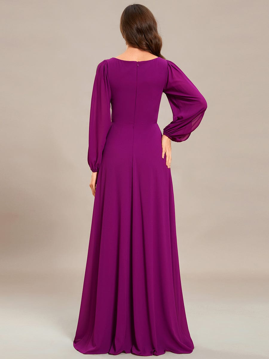 Custom Size Lantern Long Slit Sleeve Deep V Applique Maxi Evening Dress #color_Fuchsia