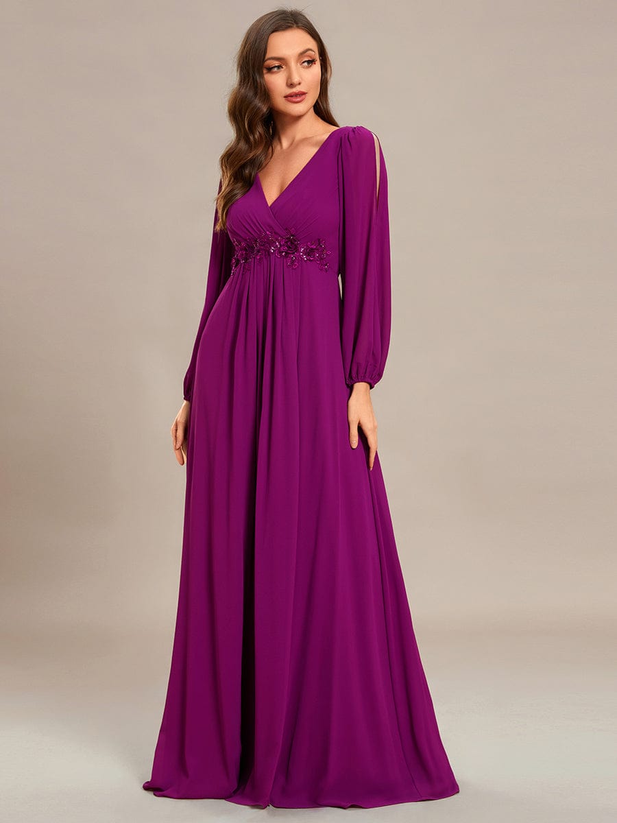 Custom Size Lantern Long Slit Sleeve Deep V Applique Maxi Evening Dress #color_Fuchsia