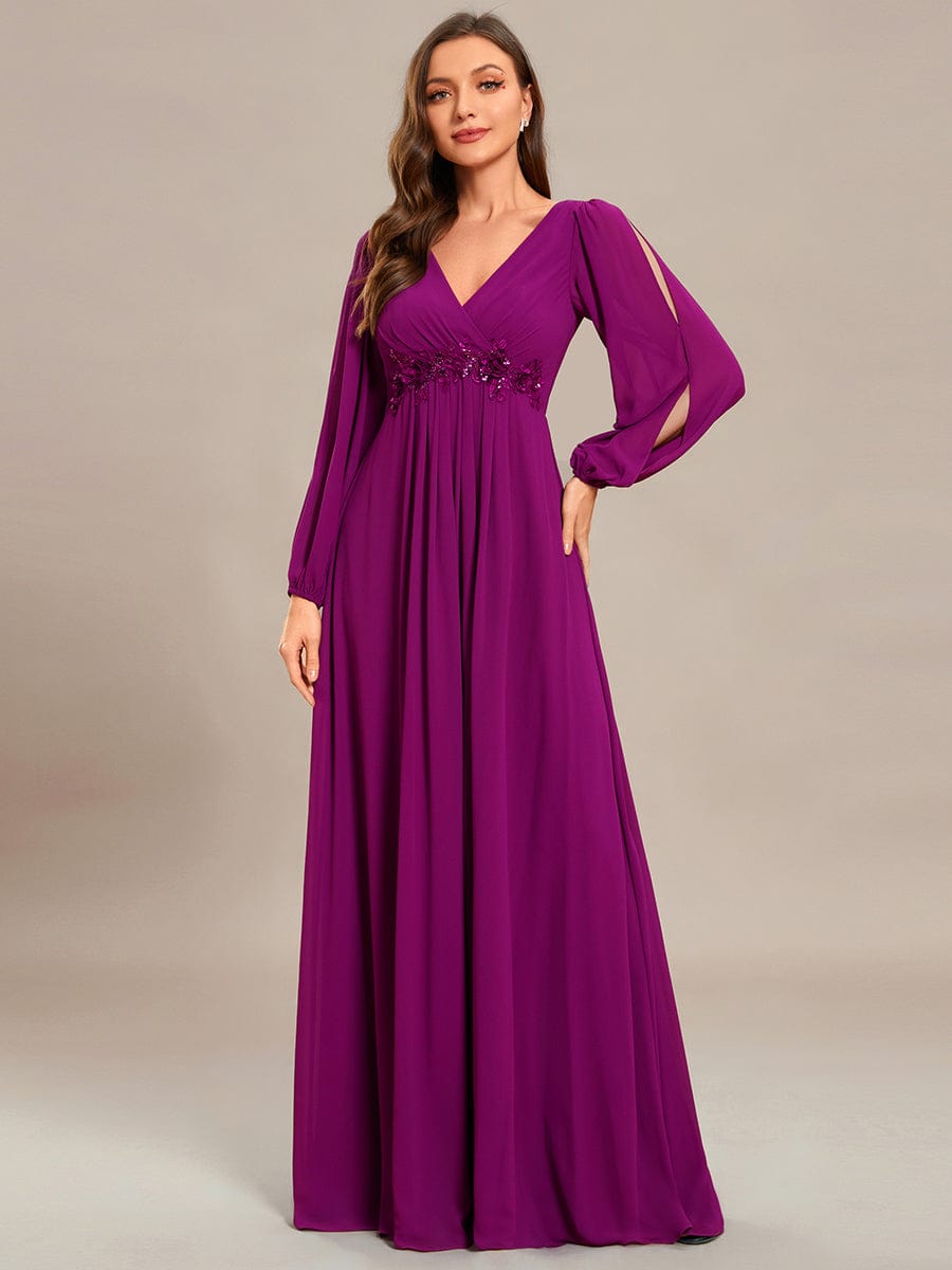 Lantern Long Slit Sleeve Deep V Applique Maxi Evening Dress #color_Fuchsia