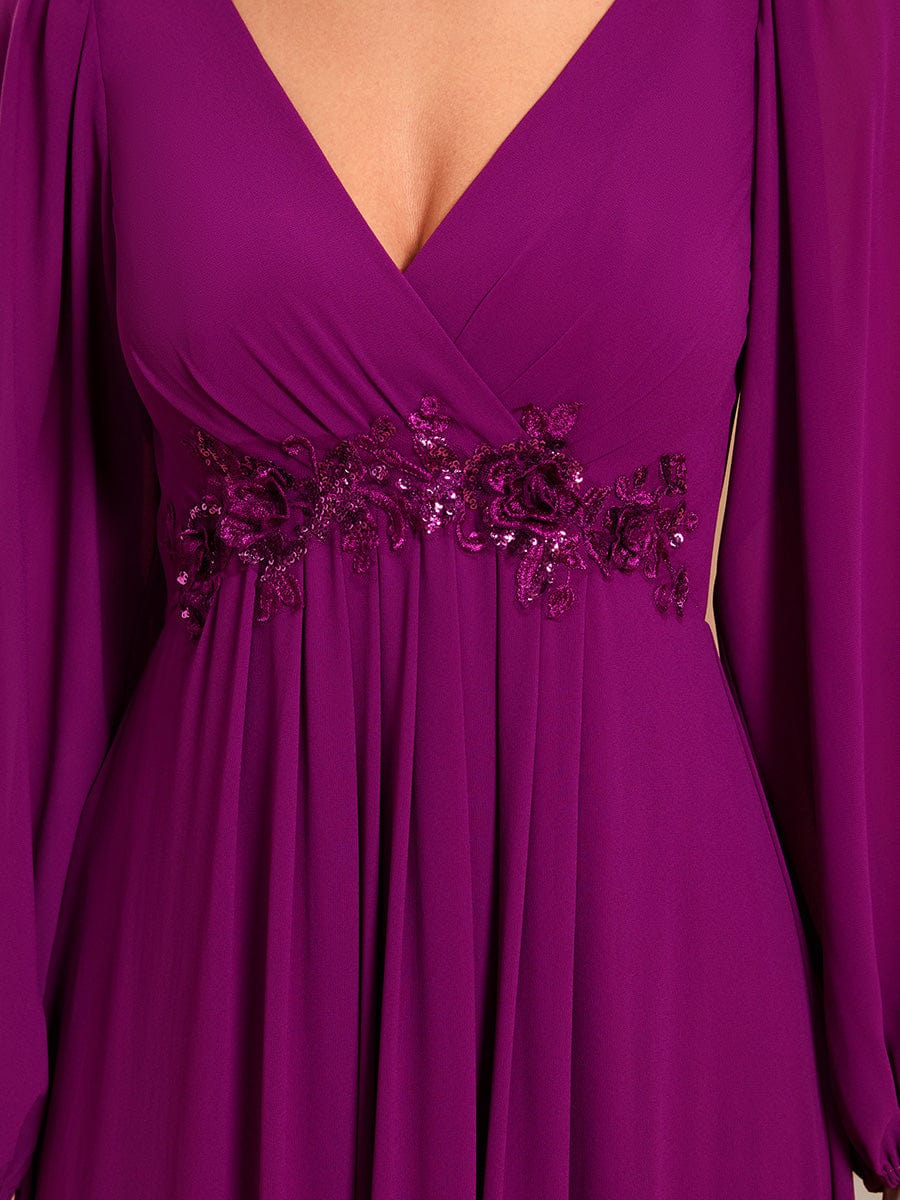 Lantern Long Slit Sleeve Deep V Applique Maxi Evening Dress #color_Fuchsia