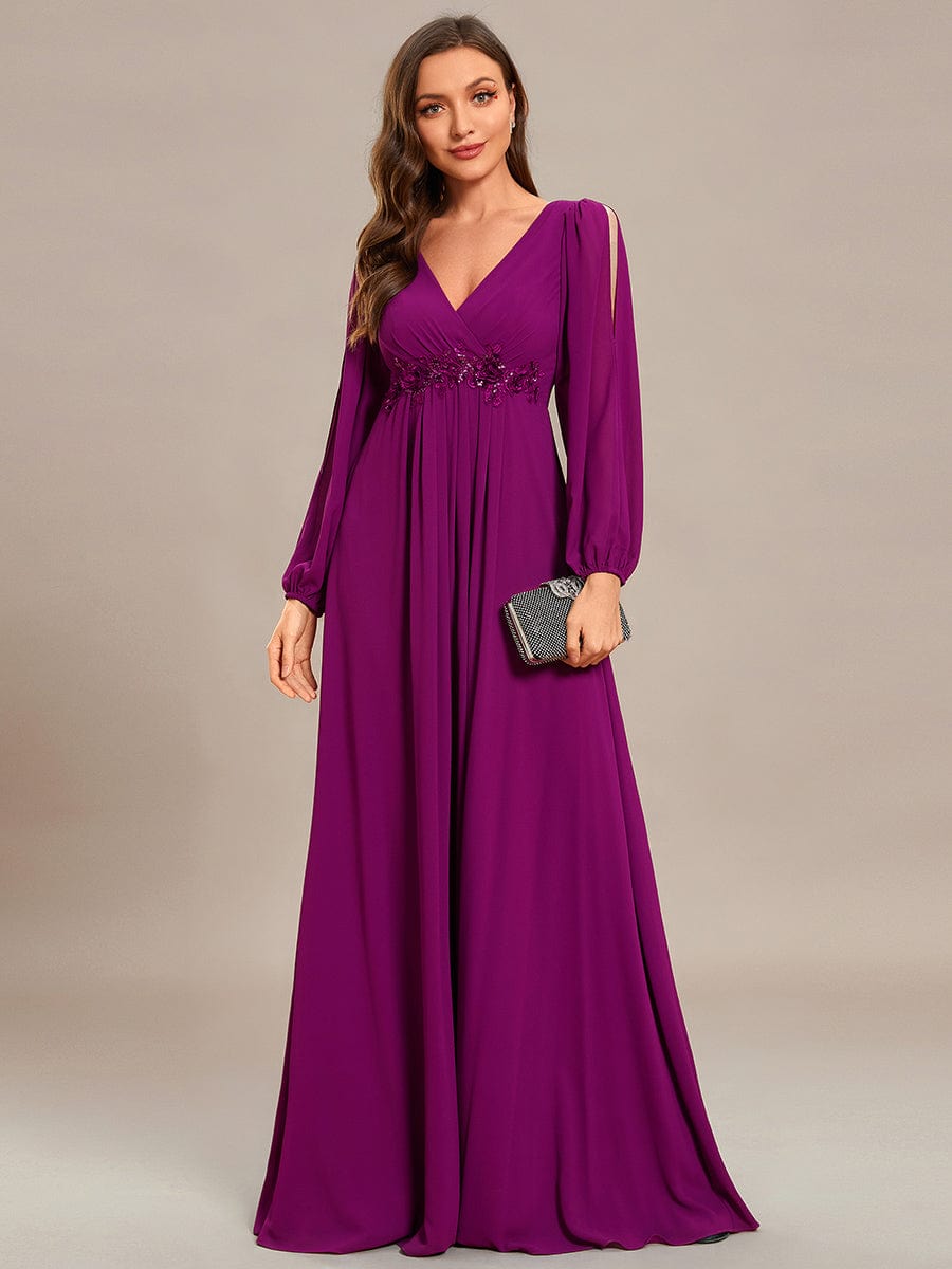 Custom Size Lantern Long Slit Sleeve Deep V Applique Maxi Evening Dress #color_Fuchsia