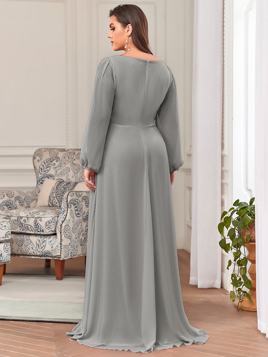 Lantern Long Slit Sleeve Deep V Applique Maxi Evening Dress #color_Grey