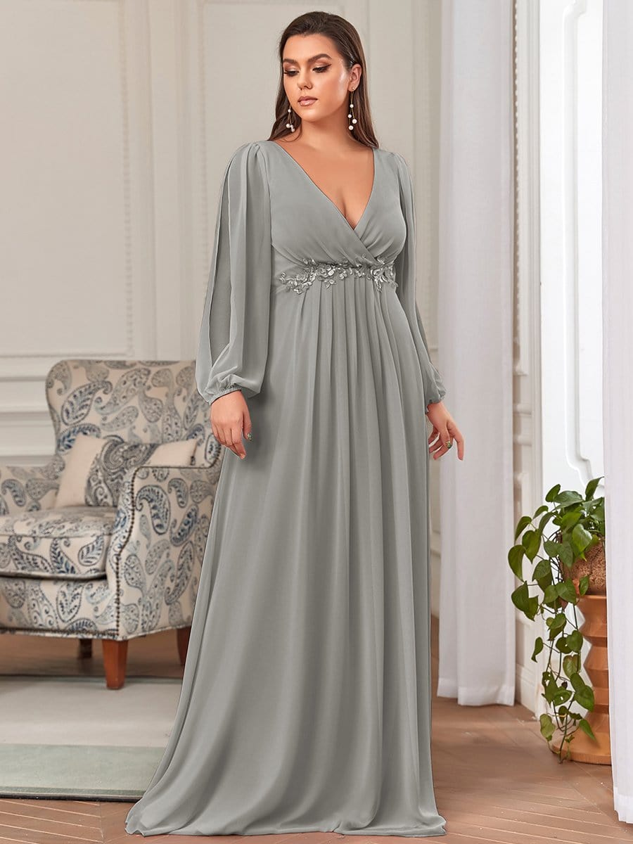 Lantern Long Slit Sleeve Deep V Applique Maxi Evening Dress #color_Grey