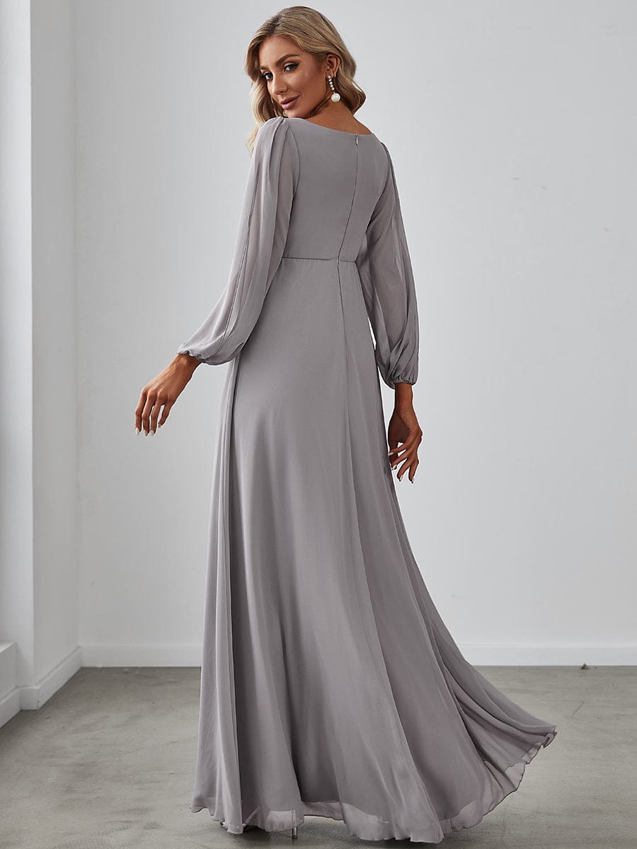 Lantern Long Slit Sleeve Deep V Applique Maxi Evening Dress #color_Grey