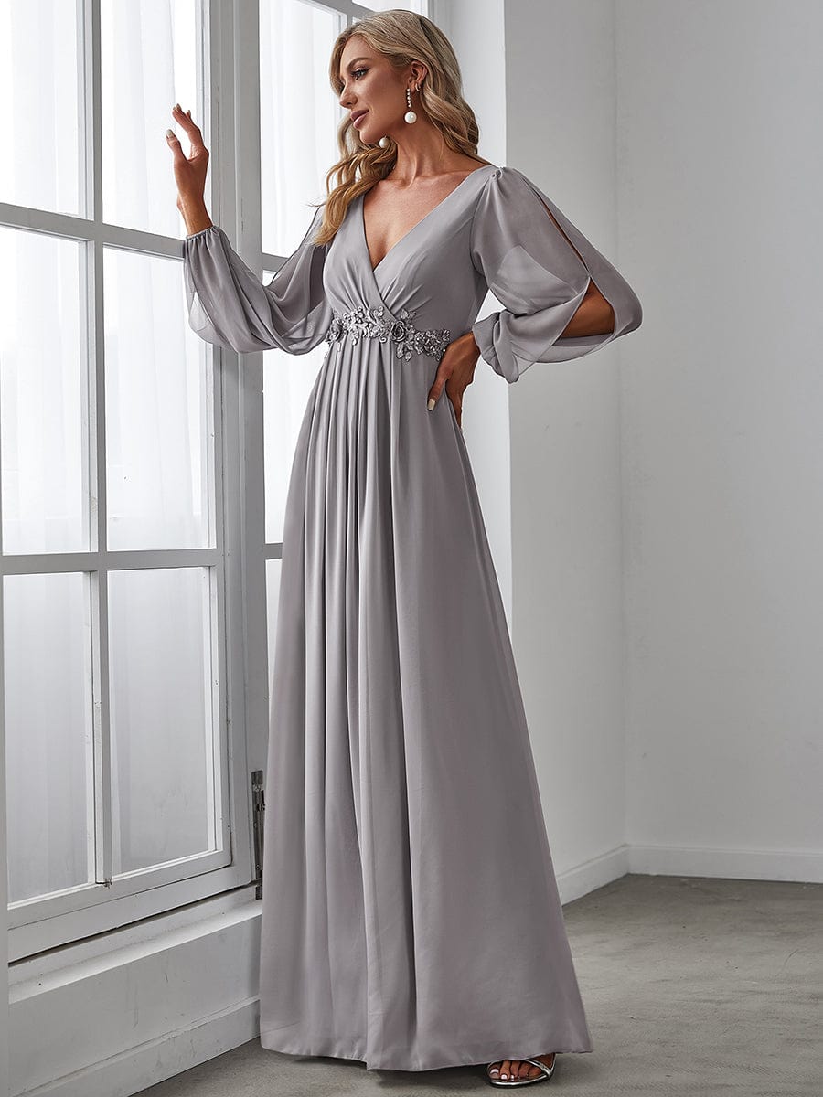 Lantern Long Slit Sleeve Deep V Applique Maxi Evening Dress #color_Grey