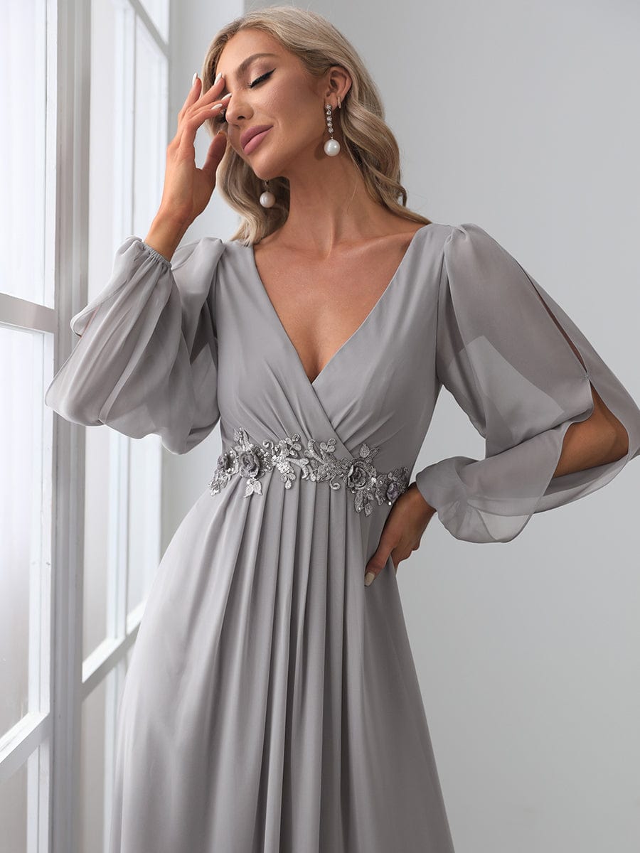 Lantern Long Slit Sleeve Deep V Applique Maxi Evening Dress #color_Grey