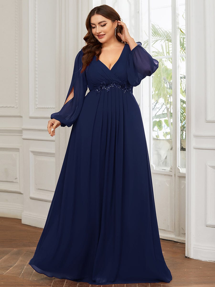 Custom Size Lantern Long Slit Sleeve Deep V Applique Maxi Evening Dress #color_Navy Blue