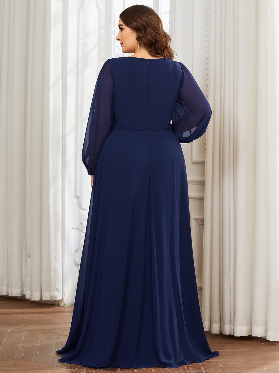 Custom Size Lantern Long Slit Sleeve Deep V Applique Maxi Evening Dress #color_Navy Blue