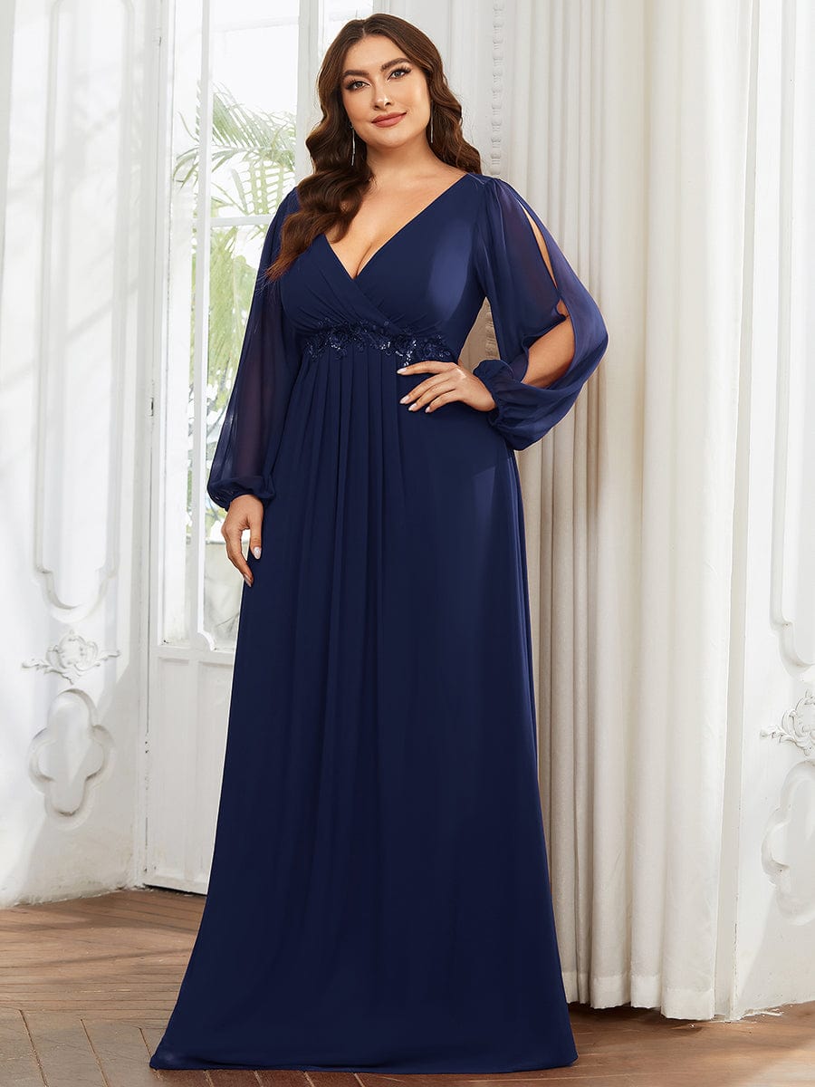 Custom Size Lantern Long Slit Sleeve Deep V Applique Maxi Evening Dress #color_Navy Blue