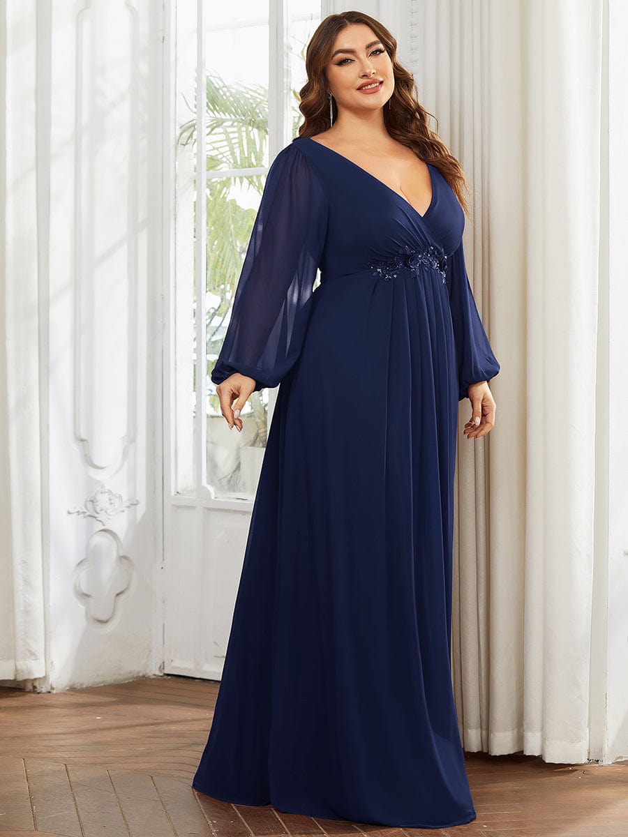 Custom Size Lantern Long Slit Sleeve Deep V Applique Maxi Evening Dress #color_Navy Blue