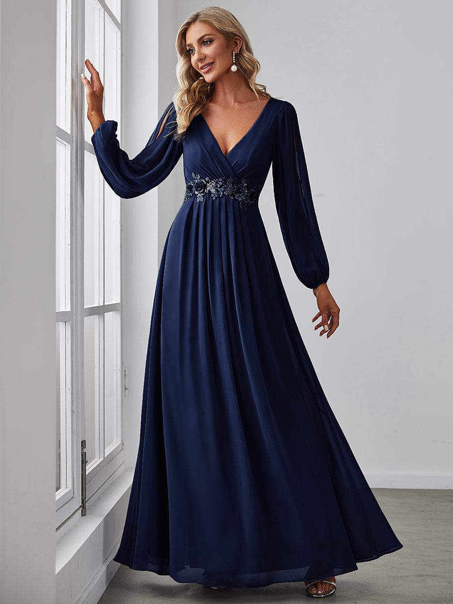 Lantern Long Slit Sleeve Deep V Applique Maxi Evening Dress #color_Navy Blue