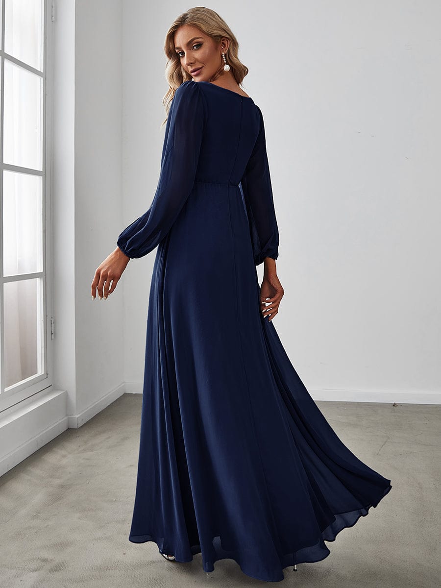 Lantern Long Slit Sleeve Deep V Applique Maxi Evening Dress #color_Navy Blue