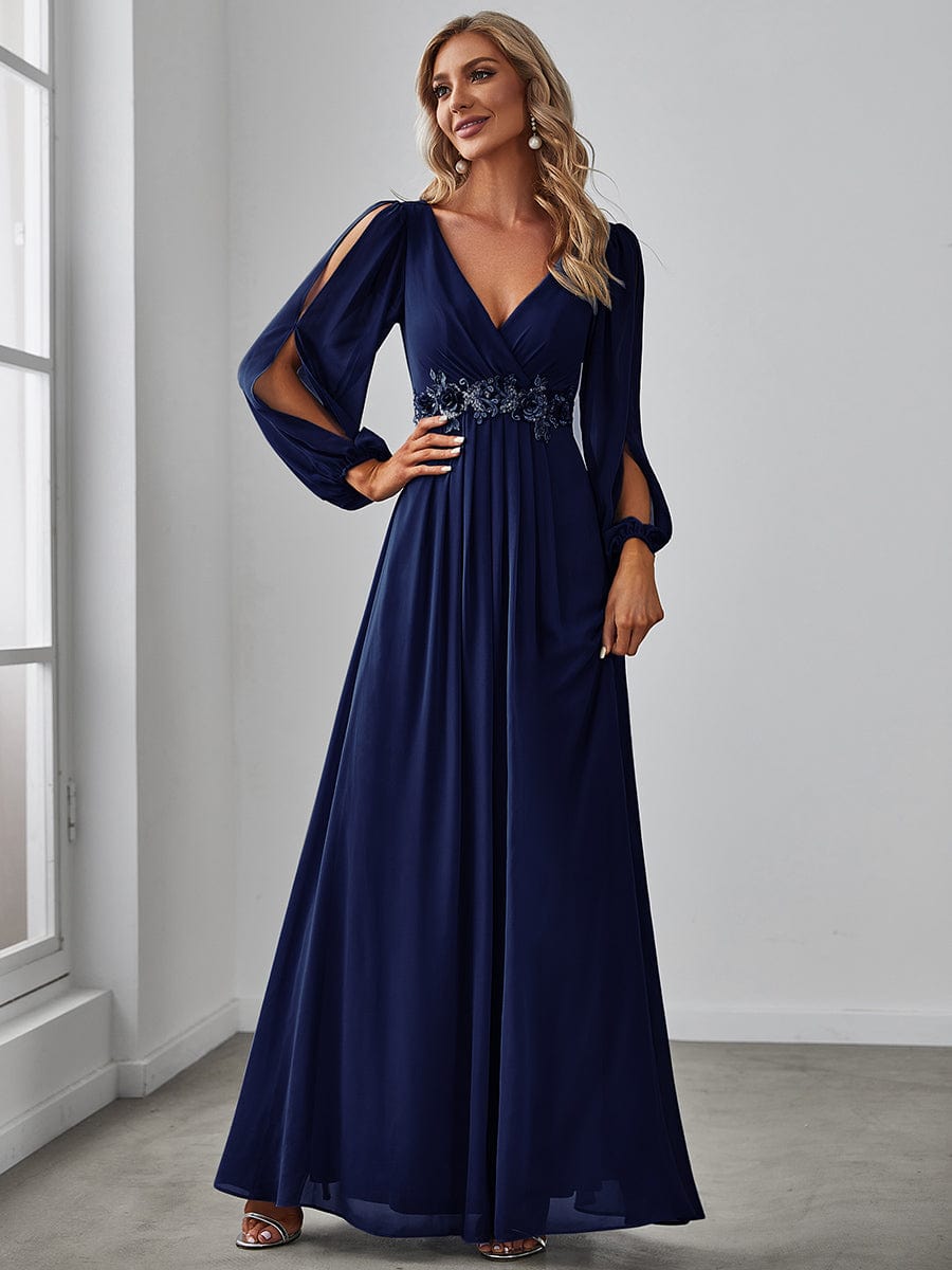 Custom Size Lantern Long Slit Sleeve Deep V Applique Maxi Evening Dress #color_Navy Blue