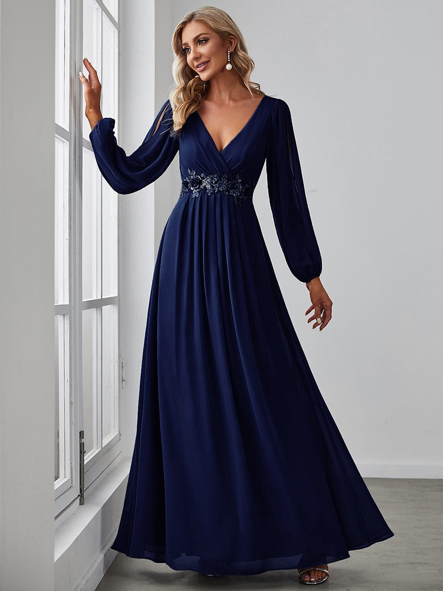 Custom Size Lantern Long Slit Sleeve Deep V Applique Maxi Evening Dress #color_Navy Blue