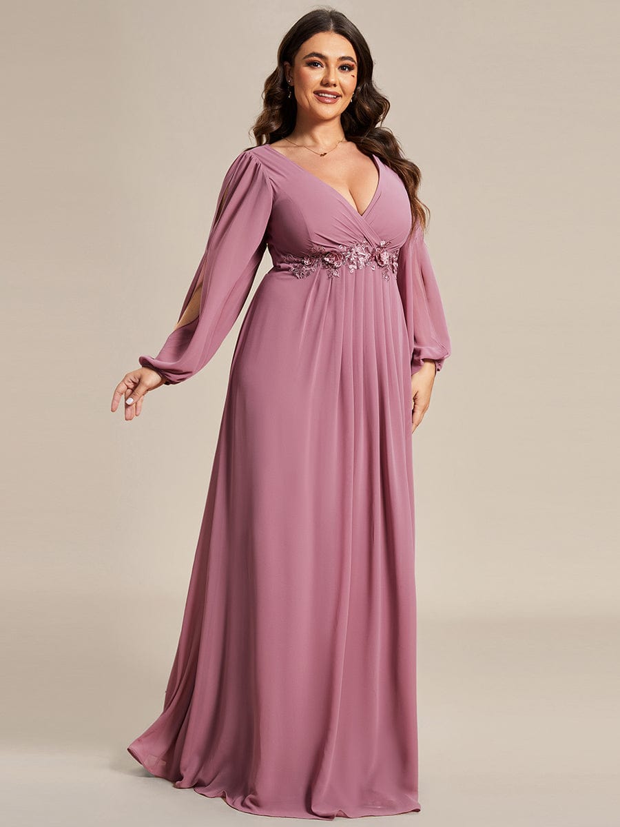 Custom Size Lantern Long Slit Sleeve Deep V Applique Maxi Evening Dress #color_Purple Orchid