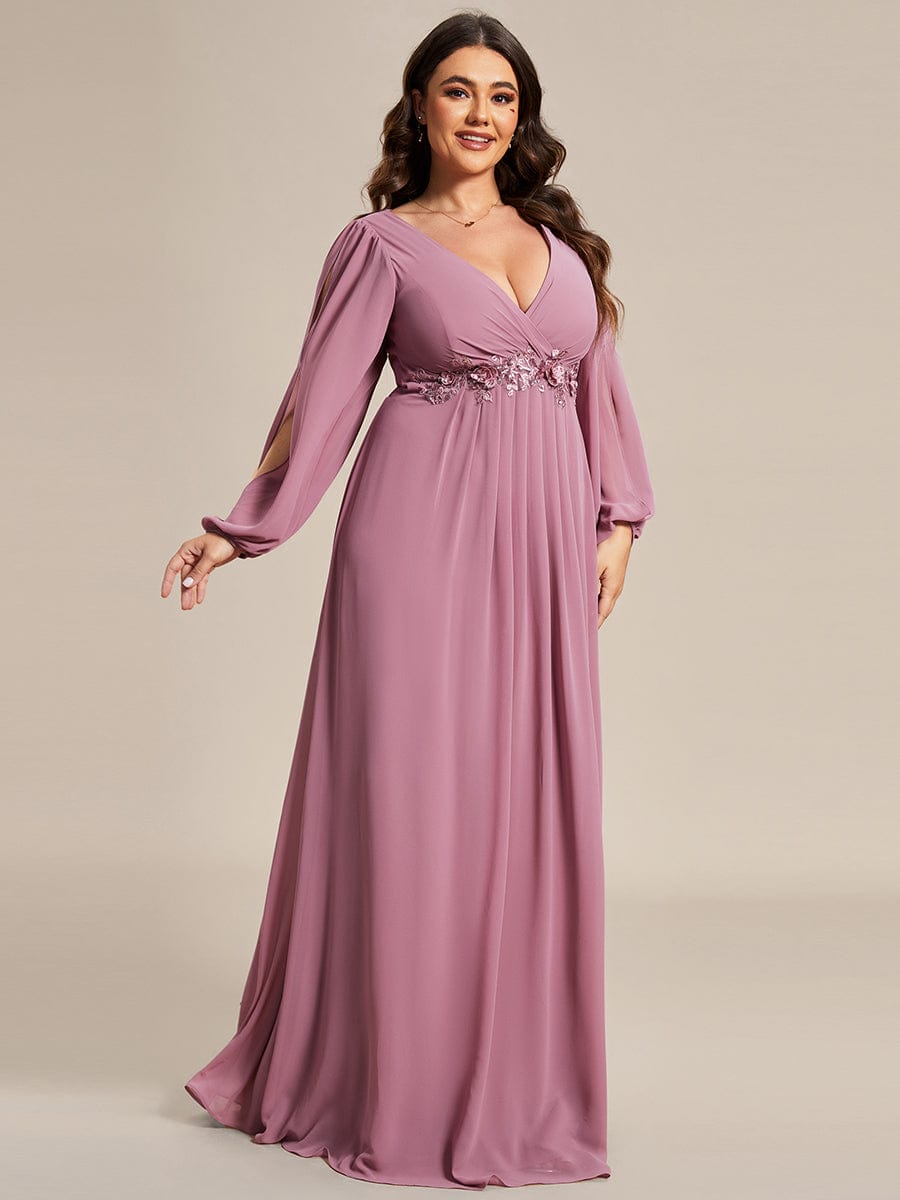 Lantern Long Slit Sleeve Deep V Applique Maxi Evening Dress #color_Purple Orchid