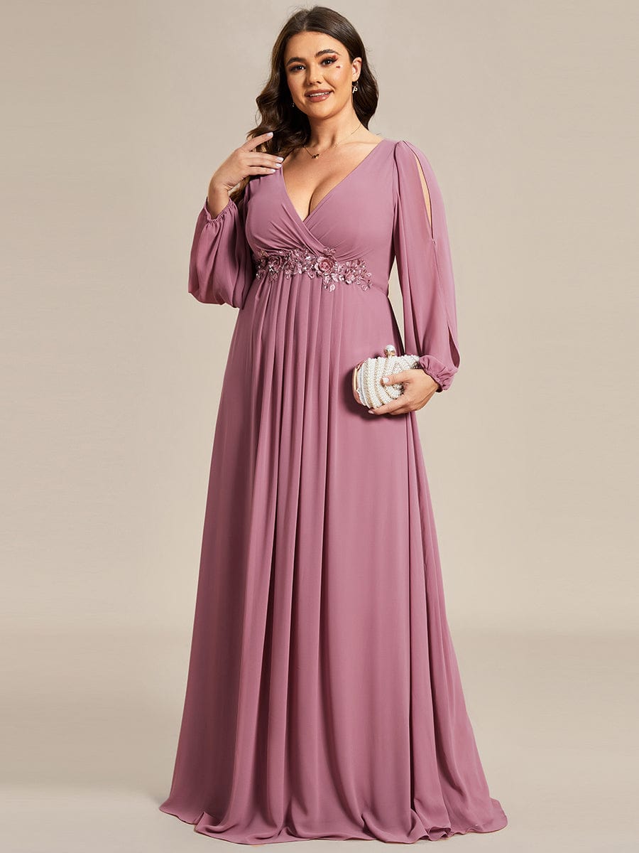 Custom Size Lantern Long Slit Sleeve Deep V Applique Maxi Evening Dress #color_Purple Orchid