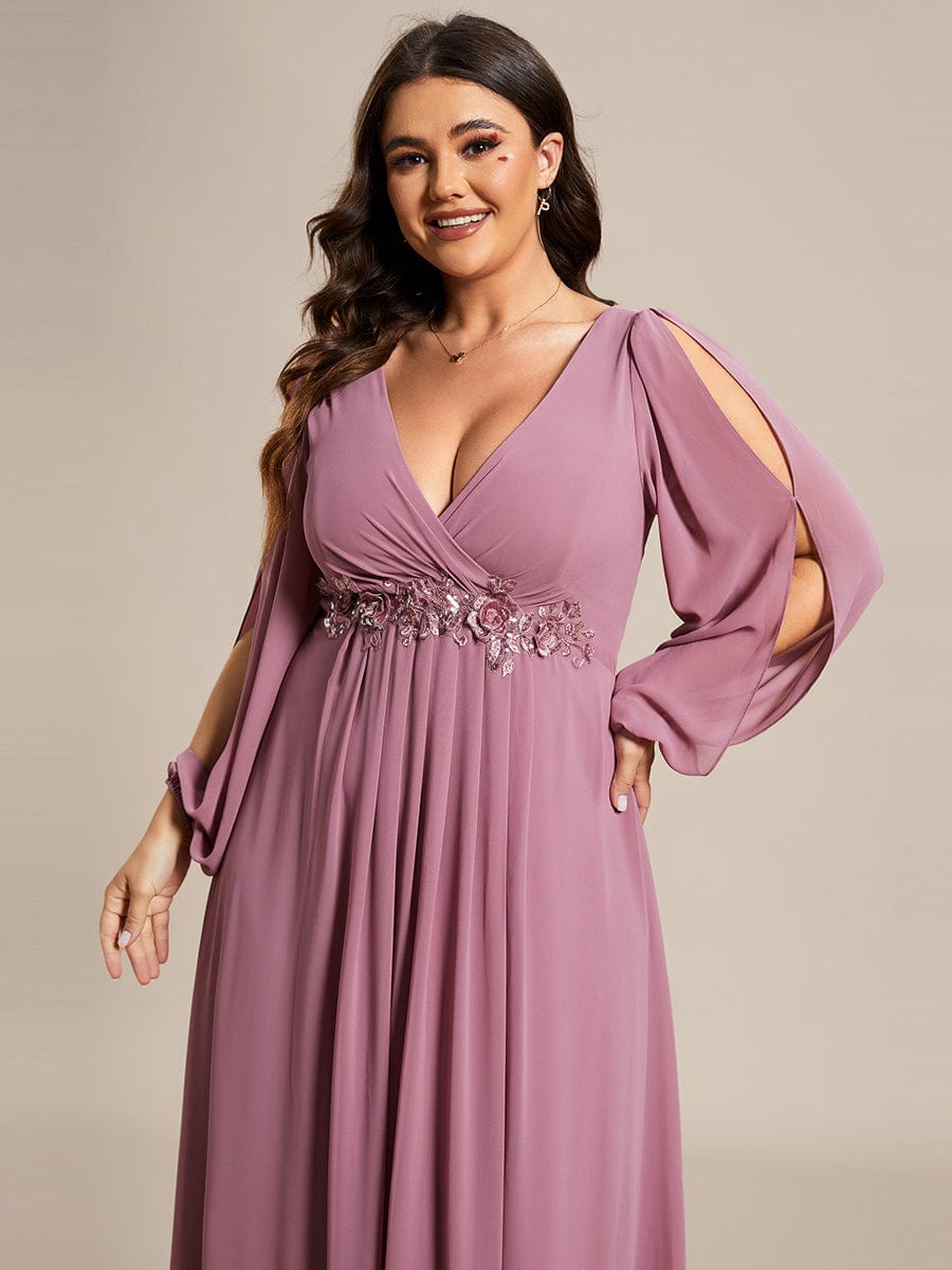 Lantern Long Slit Sleeve Deep V Applique Maxi Evening Dress #color_Purple Orchid