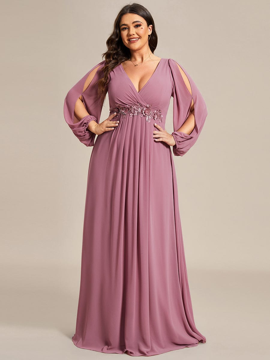 Custom Size Lantern Long Slit Sleeve Deep V Applique Maxi Evening Dress #color_Purple Orchid