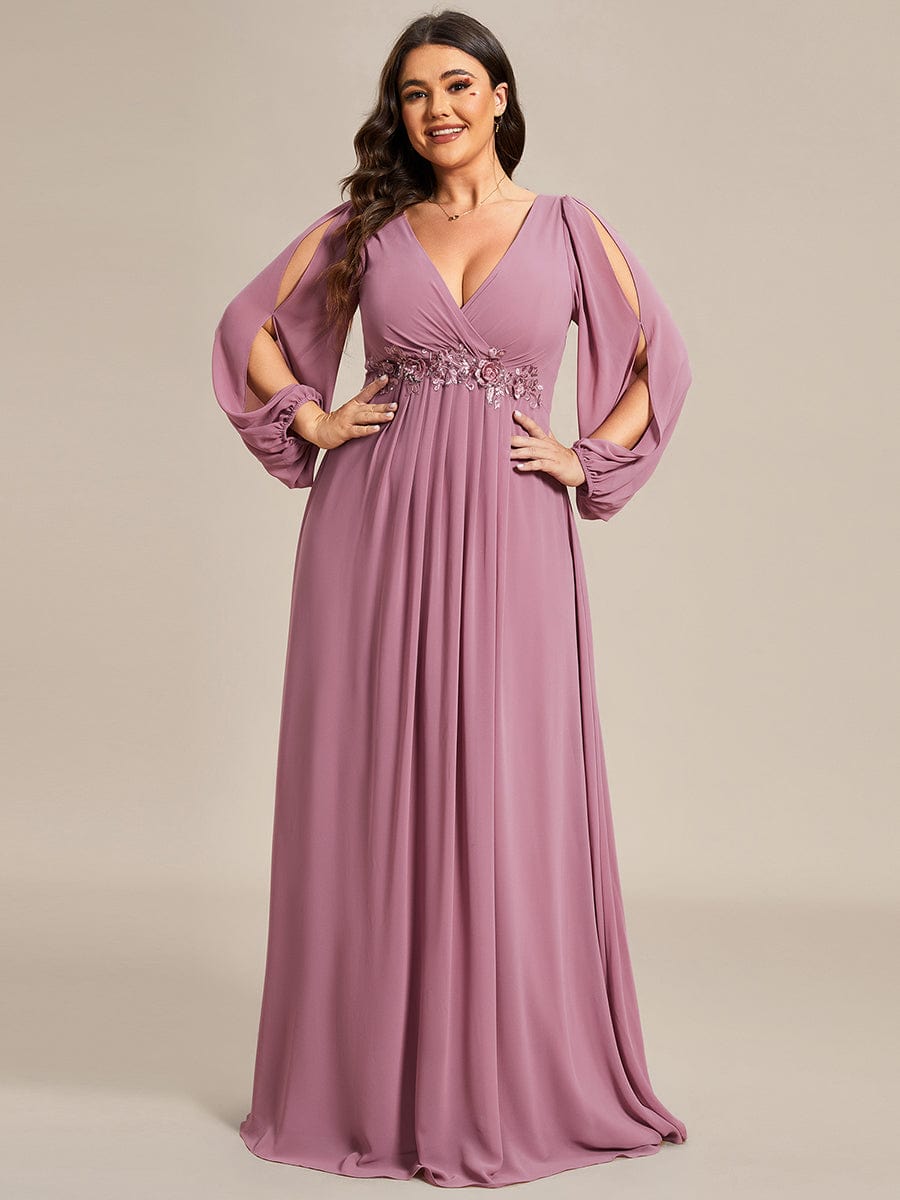 Lantern Long Slit Sleeve Deep V Applique Maxi Evening Dress #color_Purple Orchid