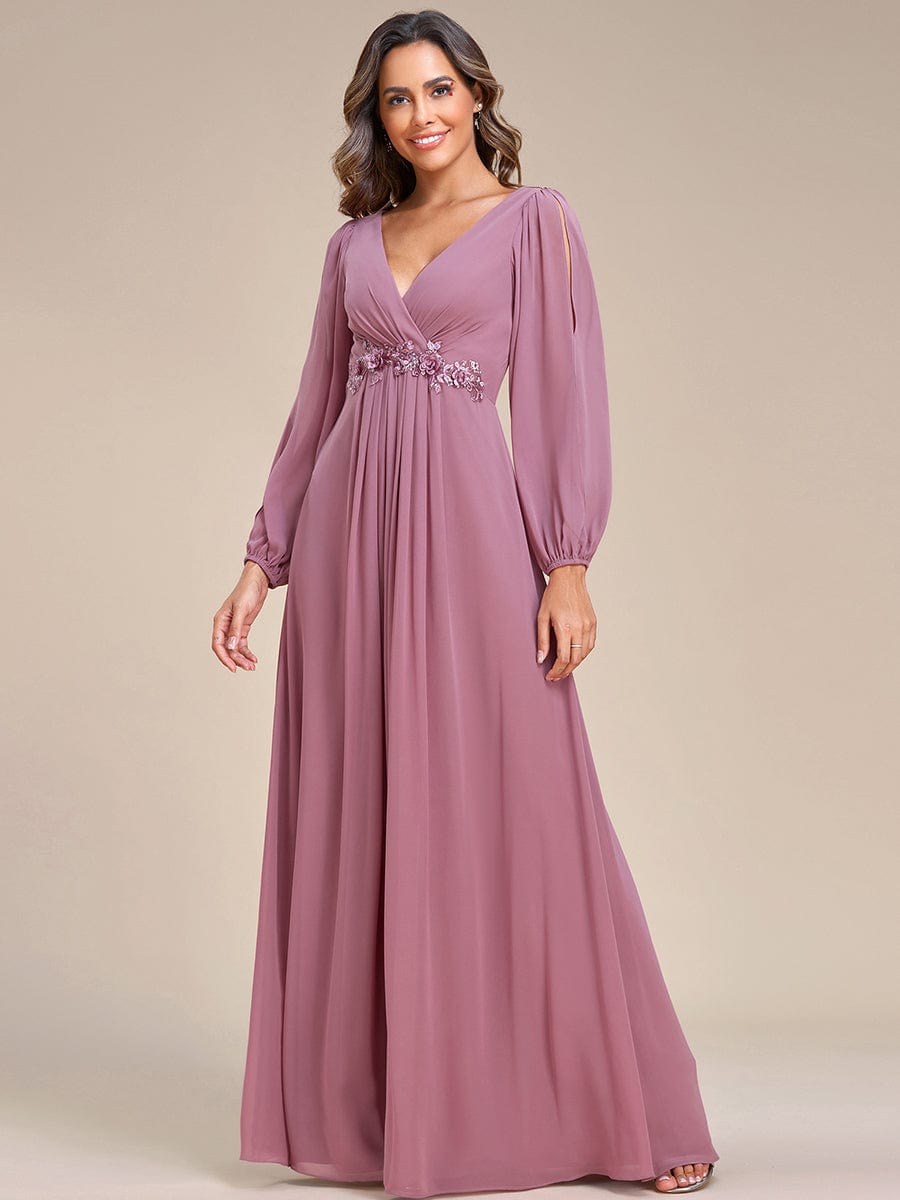 Lantern Long Slit Sleeve Deep V Applique Maxi Evening Dress #color_Purple Orchid