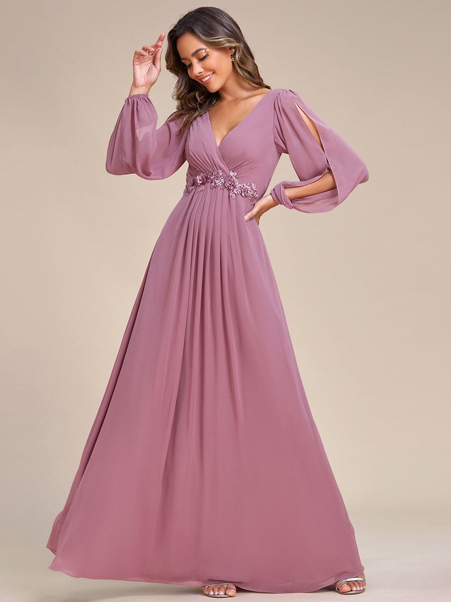 Lantern Long Slit Sleeve Deep V Applique Maxi Evening Dress #color_Purple Orchid