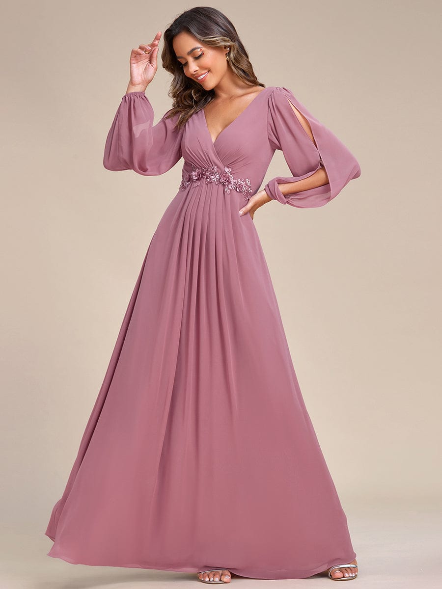 Custom Size Lantern Long Slit Sleeve Deep V Applique Maxi Evening Dress #color_Purple Orchid