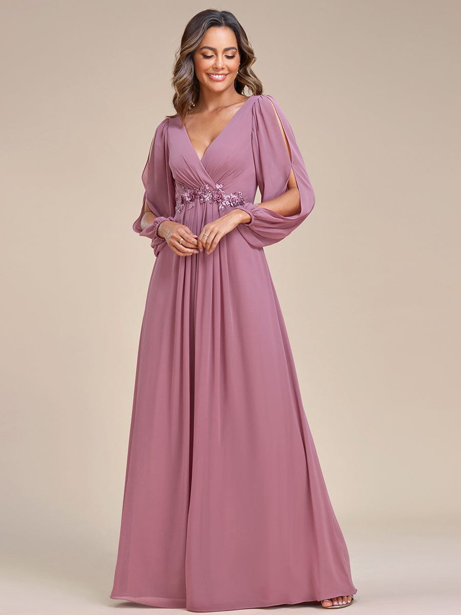 Lantern Long Slit Sleeve Deep V Applique Maxi Evening Dress #color_Purple Orchid