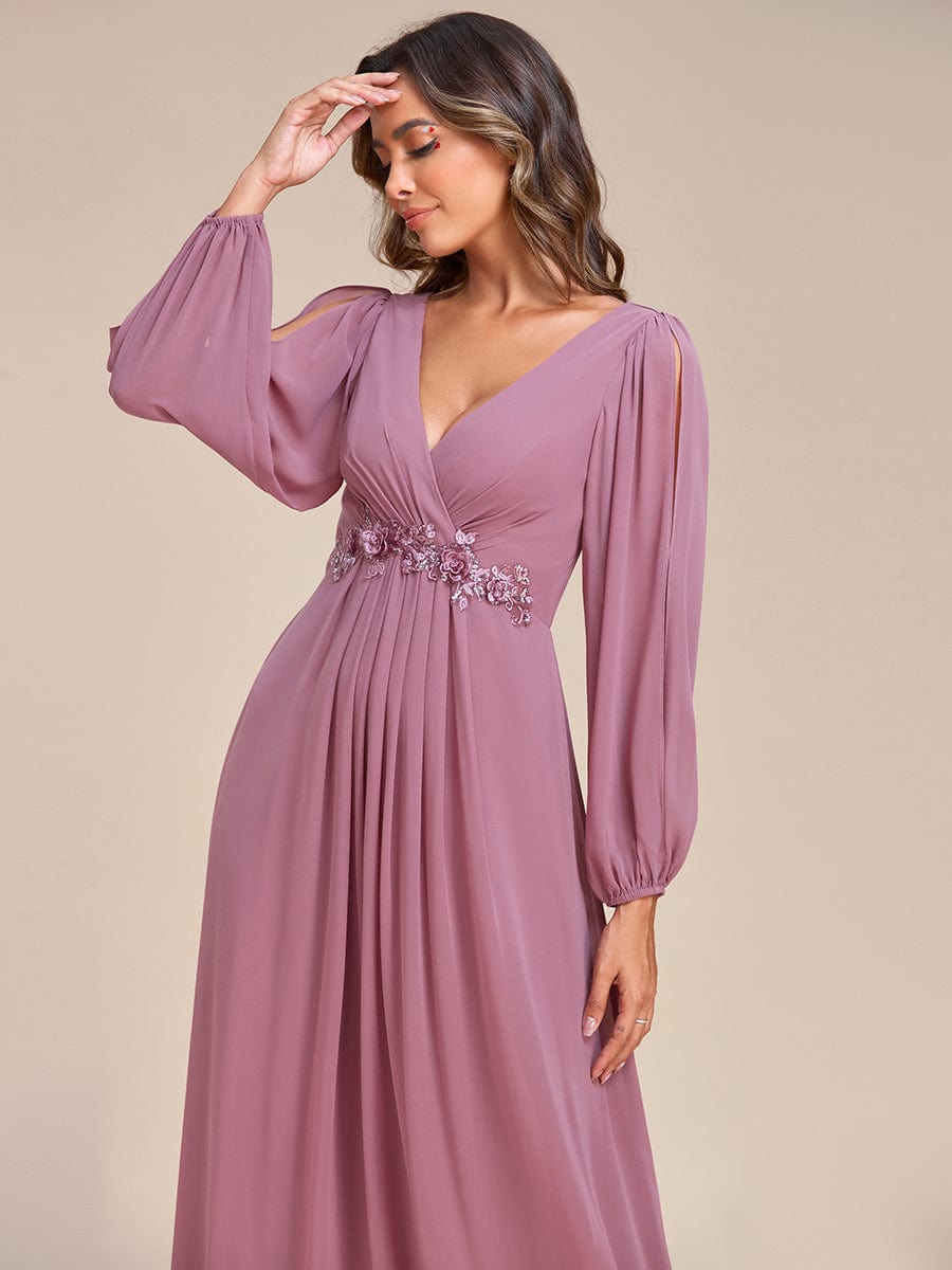 Lantern Long Slit Sleeve Deep V Applique Maxi Evening Dress #color_Purple Orchid