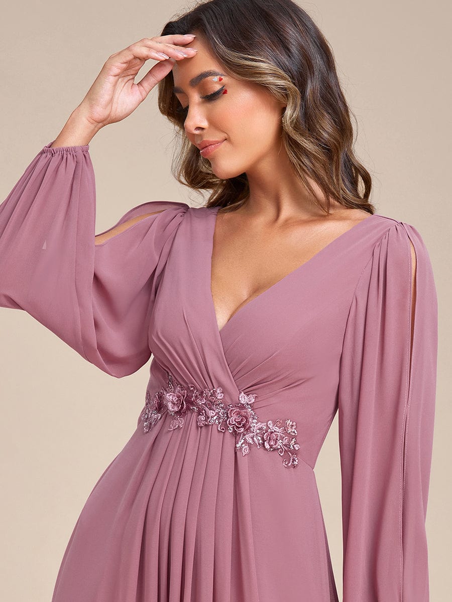 Custom Size Lantern Long Slit Sleeve Deep V Applique Maxi Evening Dress #color_Purple Orchid