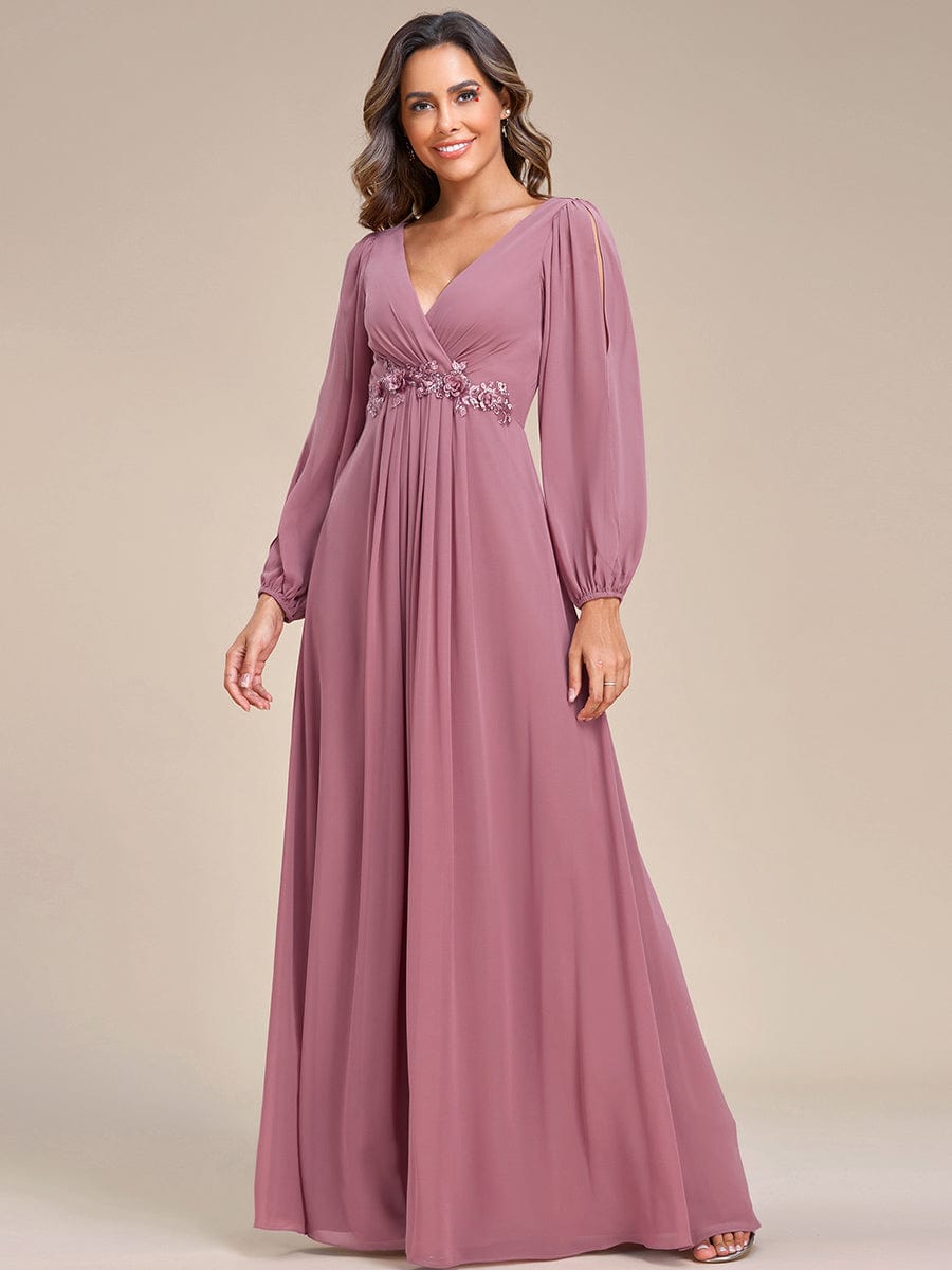 Custom Size Lantern Long Slit Sleeve Deep V Applique Maxi Evening Dress #color_Purple Orchid