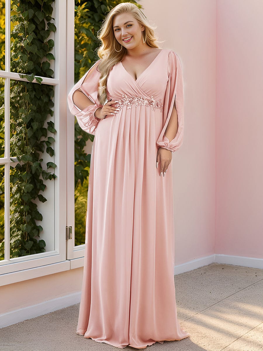 Stylish Chiffon Plus Size Evening Dresses with Long Lantern Sleeves #color_Pink