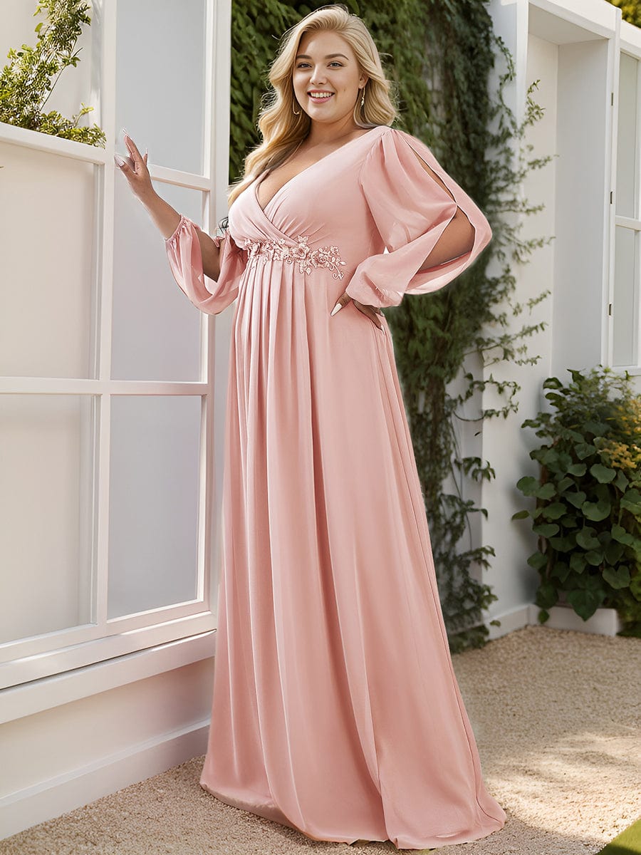 Stylish Chiffon Plus Size Evening Dresses with Long Lantern Sleeves #color_Pink