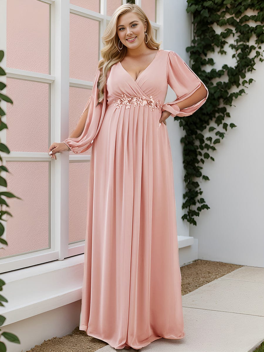 Stylish Chiffon Plus Size Evening Dresses with Long Lantern Sleeves #color_Pink