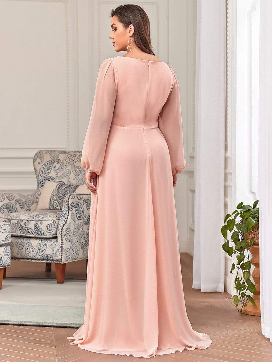 Lantern Long Slit Sleeve Deep V Applique Maxi Evening Dress #color_Pink