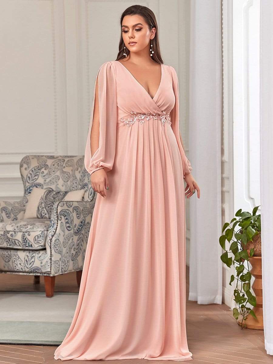 Lantern Long Slit Sleeve Deep V Applique Maxi Evening Dress #color_Pink