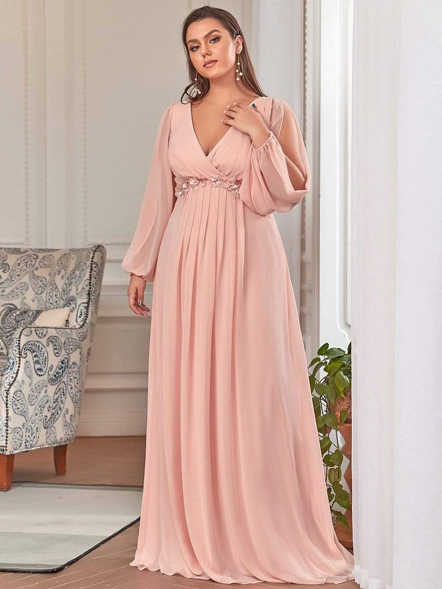 Lantern Long Slit Sleeve Deep V Applique Maxi Evening Dress #color_Pink