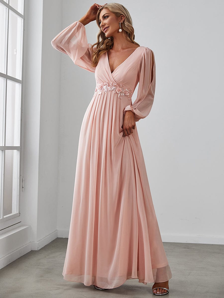 Lantern Long Slit Sleeve Deep V Applique Maxi Evening Dress #color_Pink