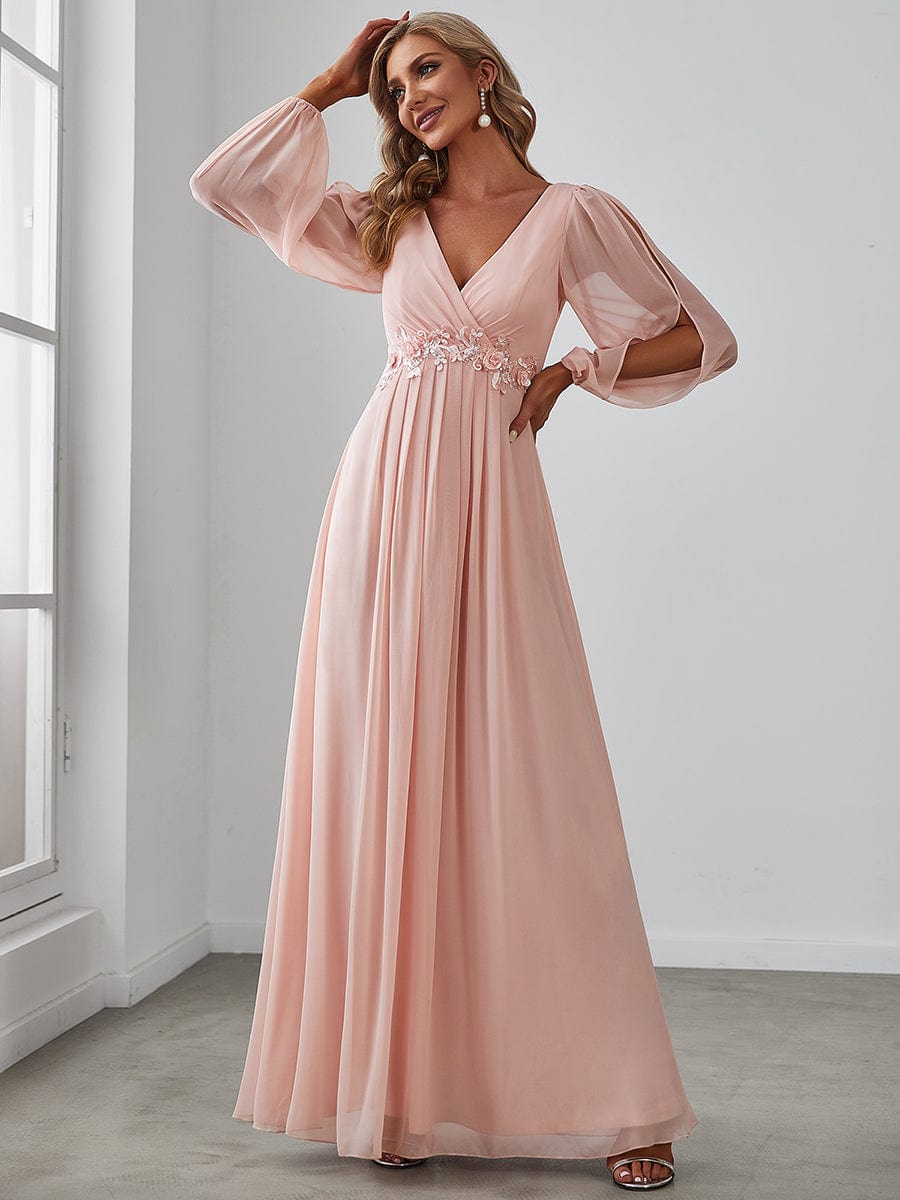 Lantern Long Slit Sleeve Deep V Applique Maxi Evening Dress #color_Pink