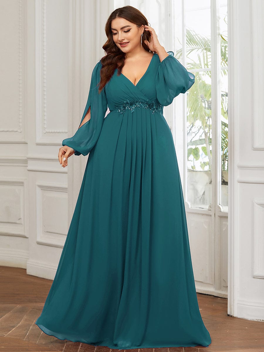 Custom Size Lantern Long Slit Sleeve Deep V Applique Maxi Evening Dress #color_Teal