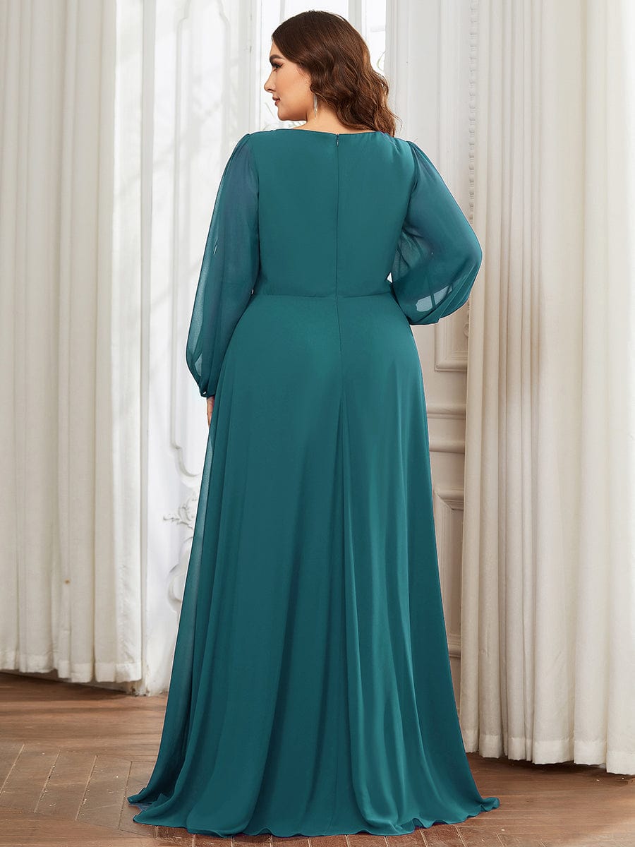 Custom Size Lantern Long Slit Sleeve Deep V Applique Maxi Evening Dress #color_Teal