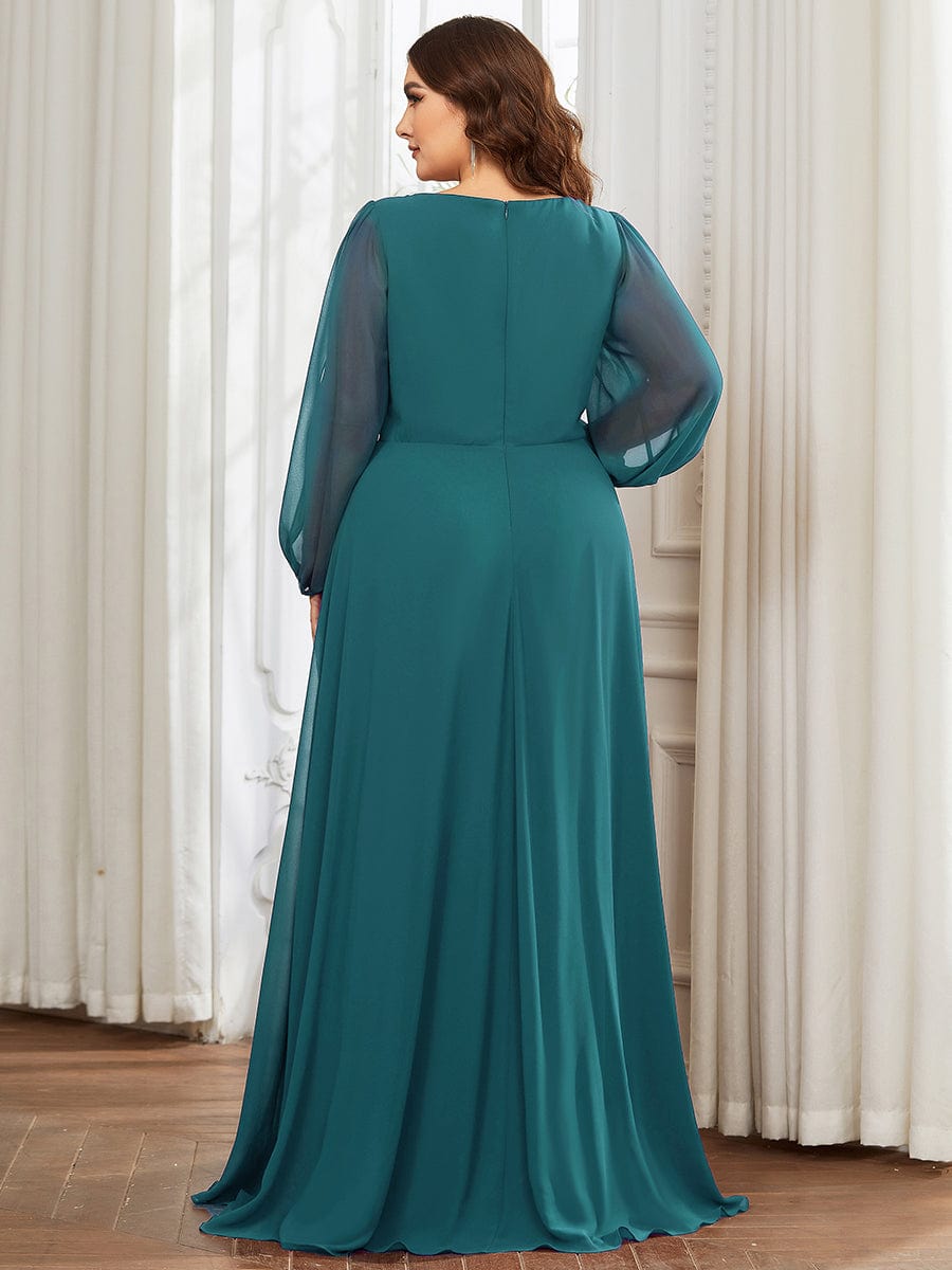 Lantern Long Slit Sleeve Deep V Applique Maxi Evening Dress #color_Teal