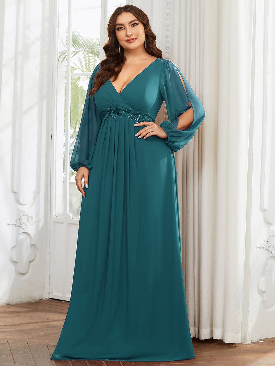 Custom Size Lantern Long Slit Sleeve Deep V Applique Maxi Evening Dress #color_Teal